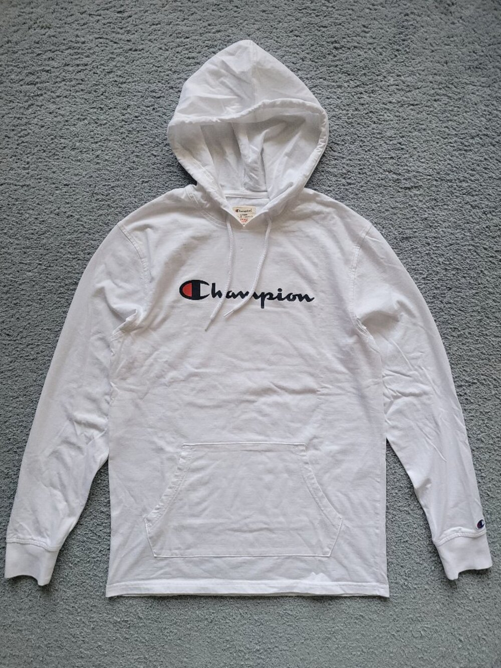 Champion Classic White Long Sleeve Spellout Logo Hoodie T-Shirt - Mens Small